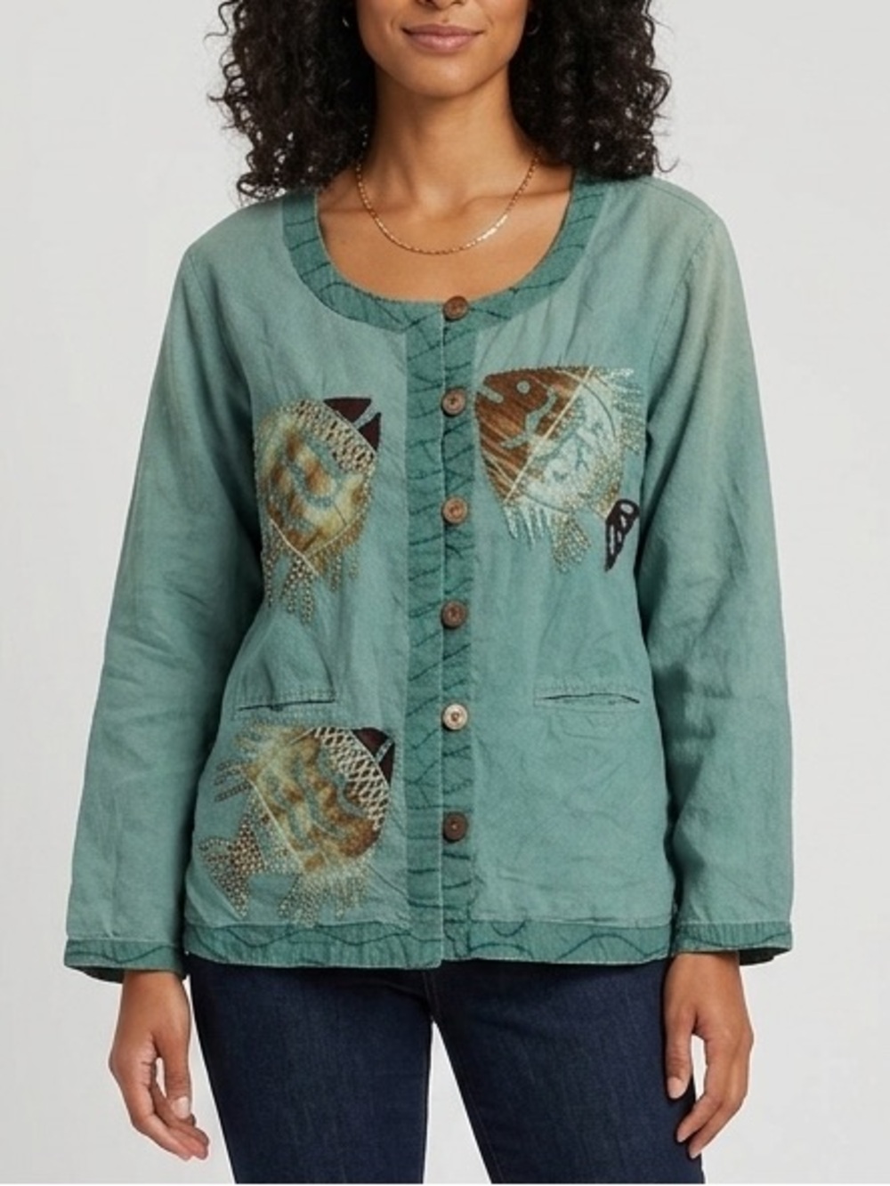 Papaya Moon Cotton Embroidered Fish Button-Front Top Summer Blouse Size Large